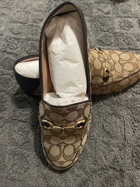 Coach Haley Khaki Signature Canvas Horsebit Loafers with Gold Hardware